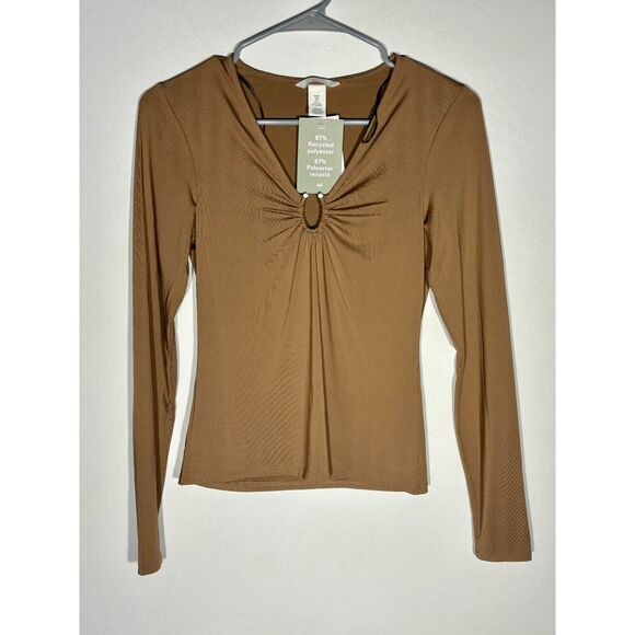 H&M Long Sleeve Keyhole Ruched Front Top Brown & Green Lot of 2 Women’s Sz S - Picture 9 of 10